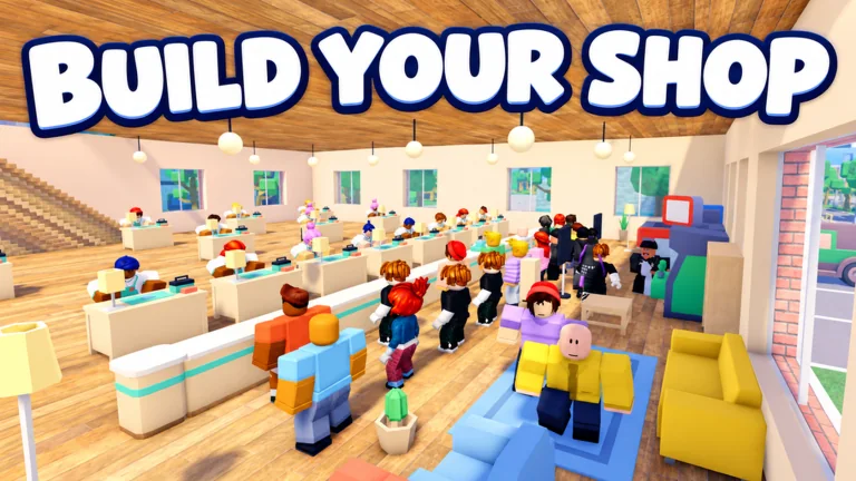 Official promotional artwork of Fix My Phone’s bright shop, multiple benches, technicians and waiting customers